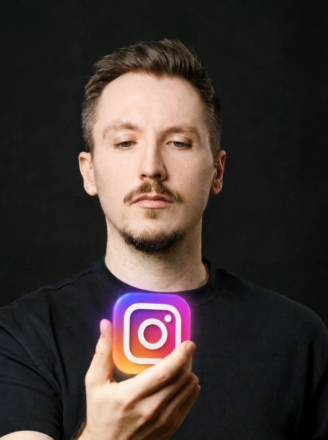 Thiago Vidotto segurando um símbolo luminoso do Instagram